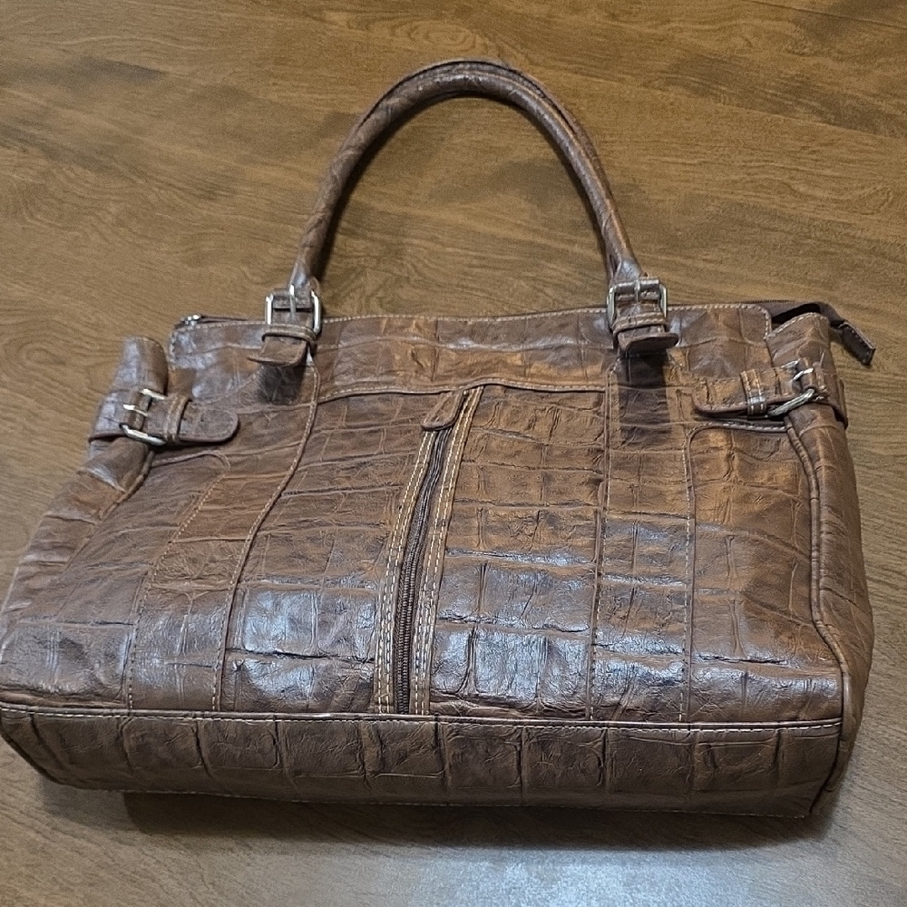 Multisac Brown Crocodile Embossed Handbag Large Size‎ Multipockets